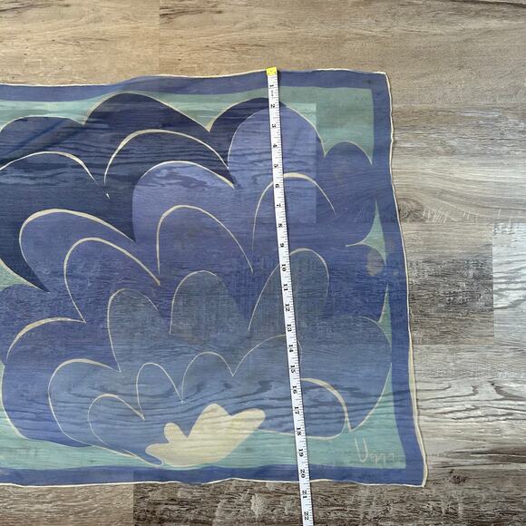 Handpainted Silk Scarf Blue Abstract Cloud Print Square Signed Una Vintage - Picture 6 of 7